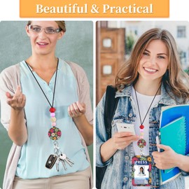Toykee Teacher Lanyard for ID Badge Card, Daisy Hippie Flowers Women Beaded Breakaway Neck Lanyards Name Tag Badges Holder Aesthetic Work Keys Accessories