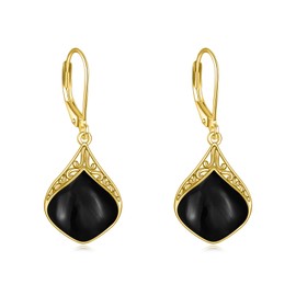 Black Onyx Earrings Sterling Silver Teardrop Drop Earrings 18K Yellow Gold Plated Filigree Boho Dangle Earrings Jewellery Gifts for Women Girls