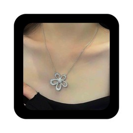 Cimenexe Bohemian Crystal Flower Pendant Necklace Hollow Flower Choker Necklace Silver CZ Paved Flower Necklace Rhinestone Flower Chain Necklace Jewellery for Women, Zinc, No Gemstone