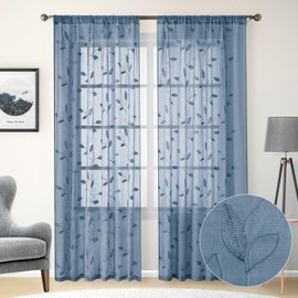 HOMEIDEAS Stone Blue Floral Sheer Curtains 96 Inches Long 2 Panels Embroidered Sheer Pattern Curtains Semi Sheer Window Curtains for Bedroom Living Room