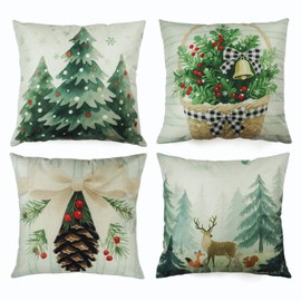Merry Christmas Throw Pillow Covers 18x18Inch Set of 4,Winter Holiday Patio Porch Outdoor Pillowcase Cushion Case Home Decor