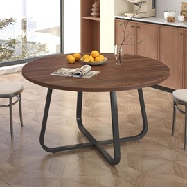 LVB Round Dining Table, Modern Wood Metal Kitchen Table, Industrial Small Dinner Room Table for 4 to 6 People, Circle Coffee Dining Room Table for Home Kitchen Living Room, Walnut, 51 Inch