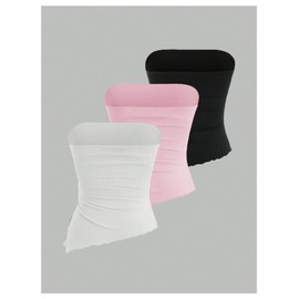 SOLY HUX Women's 3 Packs Y2K Strapless Tube Tops Sexy Ruched Off Shoulder Bandeau Going Out Crop Tops White Pink Black Small
