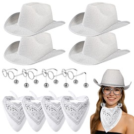 Toyosport 4 Packs Disco Ball Western Cowboy Hat with Sunglasses and Bandanas, Silver Mirrored Sparkly Cowgirl Hat, Glitter-Cowboy Hat for Disco Party, Bachelorette, Festivals, Costume