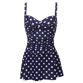 Joyaria Traje de baño de una pieza para mujer con falda, estilo retro, Lunares azul marino, 8