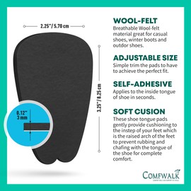 COMFWALK Felt Tongue Pads for Shoes - Soft Self-Adhesive Shoe Inserts (Black, 3 Pairs)