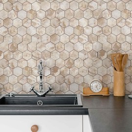 OYASIMI Hexagon Peel and Stick Backsplash for Kitchen Wall, 10 Sheets Heat Resistant Stick on Backsplash PVC Smart Tiles, 12'' Ecru Beige Waterproof Peel and Stick Tile for Bathroom