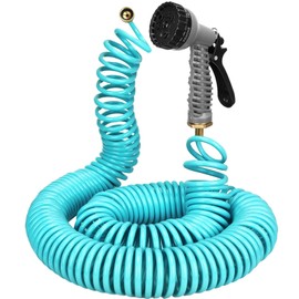HEYTIMI 75 FT 3/8" Lightweight Coiled Garden Hose EVA Flexible with 7 Function Nozzles and Brass Connectors for Garden Watering Plants Greenhouses Patios Lake Blue