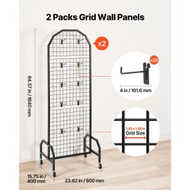 2 Packs Black Wire Grid Wall Panels 1.9 X 5.4 ft Movable Art Display Rack with 20 Hooks and Shelf WheelsDefault: Default