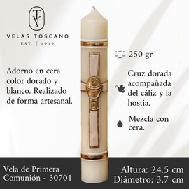 Velas Toscano - Vela de Primera Comunion para Niño y Niña Elegante Detalle en Cera Cruz Dorada y Beige Caliz y Hostia para Ceremonia (24.5x3.7cm) 250gr
