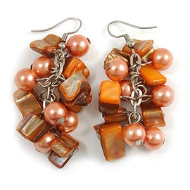 Peach Glass Bead, Burnt Orange Shell Nugget Cluster Dangle/Drop Earrings In Silver Tone - 60mm Long