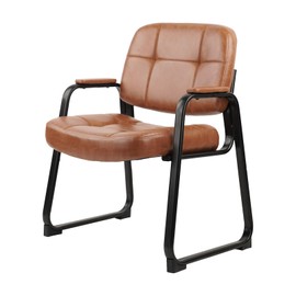CLATINA Big and Tall 400 lbs Office Guest Chair with Sled Base, Leather Waiting Room Reception Chair No Wheels with Padded Arms for Elderly Home Meeting Conference Room Lobby Side Salon, Brown