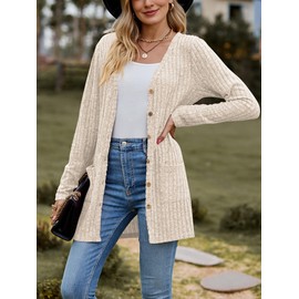 MYCOLORBLUE Old Times Cardigans for Women Elegant Ribbed Cardigan Long Sleeve Button Placket with Pockets Knitted Cardigan, beige