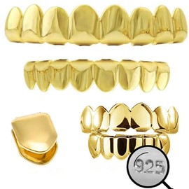 Solid 925 Sterling Silver Grillz - 14K Yellow Gold Finish - 6 Or 8 Tooth Or Single Caps/Top & Bottom Grills For Teeth - Real Solid Silver Fronts Don't Change Color (Single Cap)