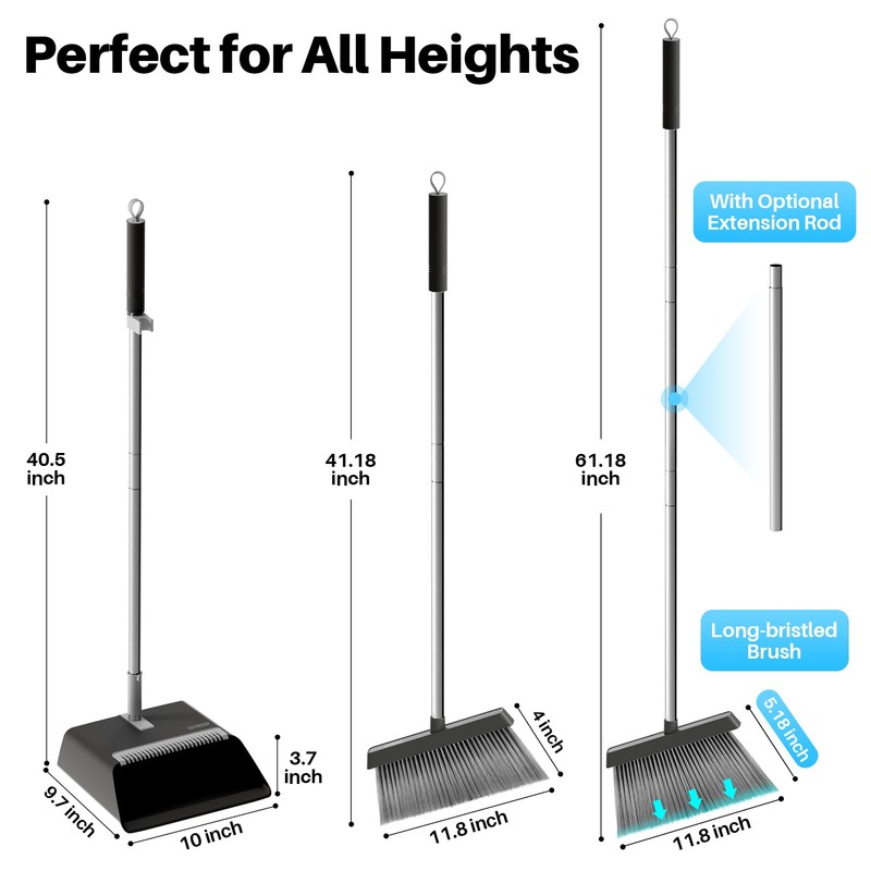 JOYMOOP Black Broom and Dustpan Set, Upright Angle Design with