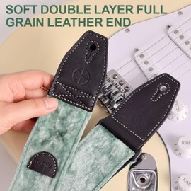 YIKOKO Guitar Strap 2 Inch Velvet Guitar Straps with Full Grain Leather End for Bass, Electric and Acoustic Guitars, Free Strap Button, 2 Strap Locks and 4 Guitar Picks, light green