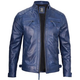 Decrum Mens Leather Jackets - Cafe Racer Leather Jacket | [1127123] D1 Blue, M