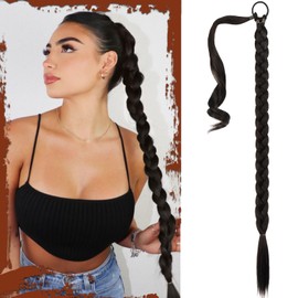 Sofeiyan Long Braid Ponytail Extension with Hair Tie Straight Sleek Wrap Around Hair Extensions Braid Pony Tail Fluffy Natural Soft Synthetic Hairpieces for Women Daily Wear, 34 inch-Black Brown