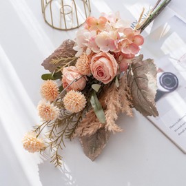 DEMIUKO Artificial Fake Flowers Plants, Silk Roses Flower Arrangements Faux Vintage Flowers Bouquet, Wedding Decorations Plastic Floral Centerpieces for Table Vase Home Kitchen Graves (Champagne)