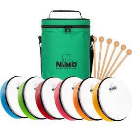 6 Piece Hand Drum Rhythm Set, Synthetic Pre-Tuned — Instruments for Classroom Music, Groups — Includes Mallets and Bag