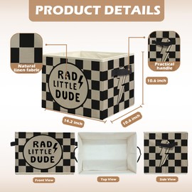 uinwk Retro Boy Nursery Storage Bins, Rad Little Dude Black and Beige Checkered Collapsible Storage Box Laundry Basket with Handle for Boys Bedroom Bathroom Playroom Clothes Toys Books