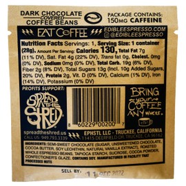 Edible Espresso - Dark Chocolate Covered Coffee Beans 150mg caffeine = one cup of coffee! Plant-based, Dairy-Free Natural Energy. (20 pack x 1 oz)
