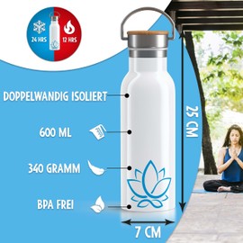 OWLBOOK Lotus Blue Water Bottle Yoga Stainless Steel Water Bottle for Women Yoga Accessories Women - Thermos Flask 600 ml Sustainable Sports Bottle Leak-Proof Non-Toxic BPA Free