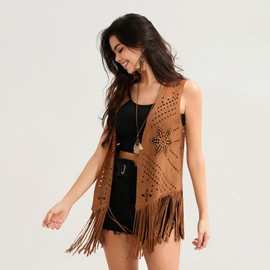 Womens Fringed Waistcoat Sleeveless Hollow Out Flower Pattern Open Front Vest Cardigans Tassel Vest 70s Hippie for Women (A-Brown, XL)