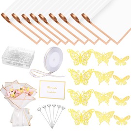 93 Pcs Flower Bouquet Wrapping Paper Kits, 20 Sheets Waterproof Floral Wrapping Paper 10 Greeting Cards 50 Flower Pins 12 Gold Butterfly 1 Roll Ribbon for Wedding Graduation Birthday