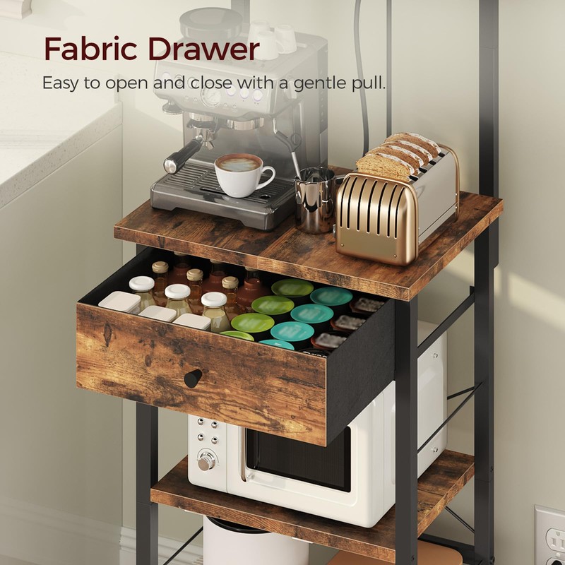MAHANCRIS Bakers Rack with Drawer, Microwave Stand with Power Outlet,