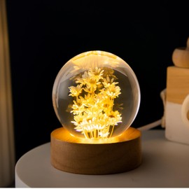 JFTOSALE Yellow Daisy Decorative Ball Night Light - 2.4 Inch Eternal Flower Paperweight Resin Orb Lamp with Wooden Base for Home Decor Bedroom Gift (Warm Light)