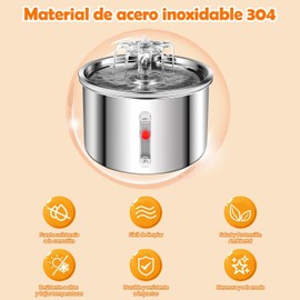 Fuente de agua para gato, Bebedero para gato de acero inoxidable 304, 5 filtros para fuente de gatos, bebedero para perro y gato para de 2L,Súper silenciosa,Mantén limpia el agua potable de tu mascota