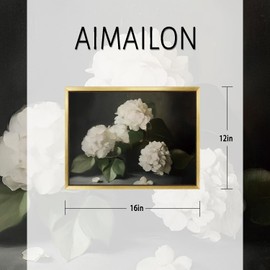 AIMAILON Vintage Gold Canvas Wall Art Framed Decor Classical Botanical Aesthetic Picture Blooming White Hydrangea Flowers Artwork Retro Light Boho Print Desktop Decoration 12x16