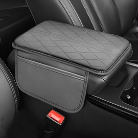 Wavy Pattern Car Armrest Cushion with Side Storage PU Leather Memory Foam Console Pad, Waterproof and Universal Fit for Cars and SUVs- Gray