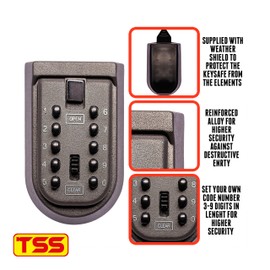 TSS Push Button Wall Mounted Key Safe - Outdoor Key Lock Box - 3 to 10 Digit Code Length - Easy Code Change - Keysafe - Key Holders for the home - Key Lock Box
