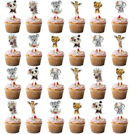 Fenghu 48 Pcs Wild One Cupcake Toppers Floral Jungle Safari Animals Two Wild Birthday Party Decorations for Girl