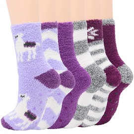 Durio Cuddly Socks Women's Stopper Socks Nubs Non-Slip Socks Fluffy Winter Socks Soft, 6 pairs purple