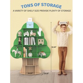 Bear Qiaqia Tree Kids Bookshelf, Toddler Wood Bookcase, 16-Cubby Children Toy Storage Organizer Book Shelf for Kids Rooms, Nursery, Bedroom, Living Room, Classroom, Boy Girl’s Gift (Green Tree)