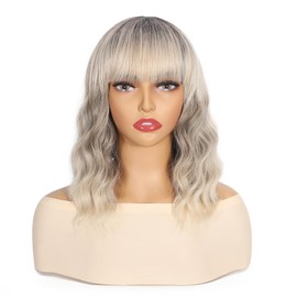 Apoze Short Wig With Bangs For Women,Synthetic Cosplay Bob Wigs,Curly Hair Wigs For Daily Party Use,Natural Looking Heat Resistant Shoulder Length(Balayage Platinum Blonde)