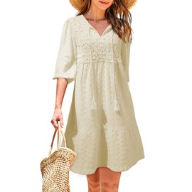 Dokotoo Womens Dresses Summer V Neck Drawstring Embroidered Half Sleeve Boho Dresses for Women Resort Wear for Women 2025 Party Swing Mini Dress Sundresses Vacaction Outfits Beige Large
