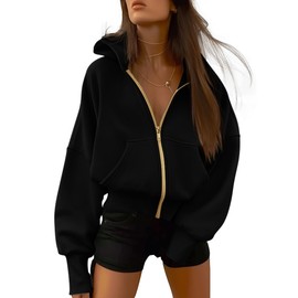 BTFBM Womens Zip Up Hoodies Long Sleeve Fashion Sweatshirt Fleece Y2K Hooded Jacket 2025 Trendy Fall Winter Clothes(Black, X-Large)