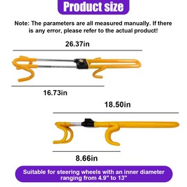 ZIMISI Car Steering Wheel Lock, Adjustable Length Heavy Duty Wheel Lock with 2 Keys, Double Hooks Security Anti-Theft Car Device for Most Cars, SUVs, Trucks, Pickups (Yellow)