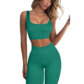 QINSEN Ribbed Workout Outfits for Women 2 Piece Seamless Sport Bra High Waist Yoga Leggings Sets Emerald S