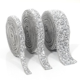 YHMQ DU Rhinestone Ribbon, Three Sizes, Diamond Ribbon Stickers, Crystal Roll, Glitter Rhinestone Ribbon for Making DIY Art Decorations (Silver Ribbon, 0.39 inches, 0.59 inches, 1.19 inches)