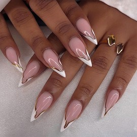 French Press on Nails Medium Almond Pink Fake Nails White French Tip with Gold Line Design Glossy Acrylic Nails Full Cover Glue on Nails Reusable Stick on Nail for Women Manicure 24Pcs