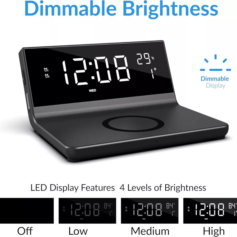 Supersonic Dual Alarm Clock with 2-in-1 Wireless Charger w 4