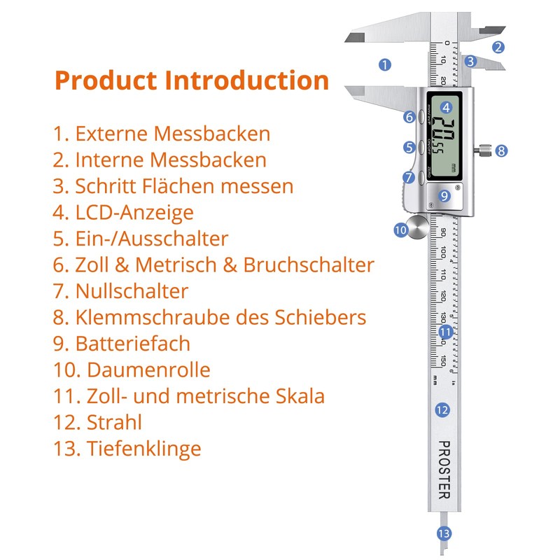 Proster Digital Vernier Caliper 8 Inch/200 mm Stainless Steel Electronic
