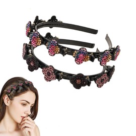 Yonphy Headband with Clips, 2 Pieces Hair Band with Rhinestone Clip, Hair Bangs Styling Crystal Stone Hair Clips, Clover Rhinestone Twist Clip Headband, Bangs Hairstyle Headband with Teeth for Women