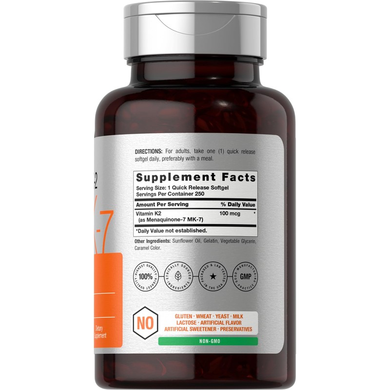 Horbäach Vitamin K2 MK7 100mcg | 250 Softgels | Non-GMO,