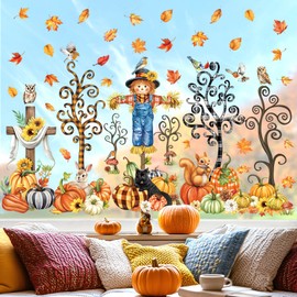 decalmile Fall Pumpkin Scarecrow Double Sided Window Clings Thanksgiving Autumn Animals Maple Leaves Tree Cross Anti-Collision Glass Doors Window Stickers Decals